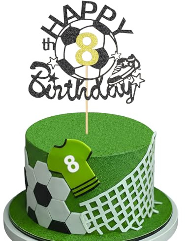Happy 8th Birthday Football Cake Topper, Black Gold Glitter 8 Years Old Cake Decorations, Birthday Soccer Theme Party Supplies for Boys (8th)