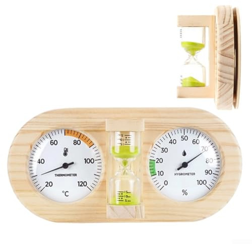 Yuanpgky Termómetro higrómetro de madera 3 en 1 para sauna y temporizador de arena de 15 minutos para lecturas precisas de temperatura y humedad en sauna, hogar, baño (verde)
