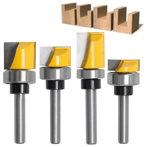 JUUDDENPARTS 4 PCS 1/4 Shank Flush Trim Hinge Mortising Router Bit Set, Carbide Tipped Woodworking Tool for Cabinets, Door Frames, and Plywood Projects（Sliver&Yellow)