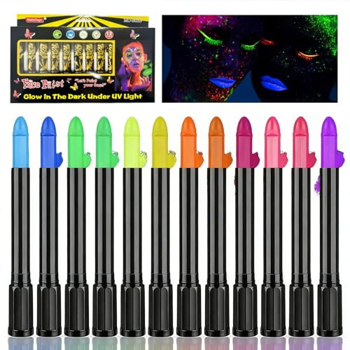 Kroppsmålningsfärger UV, 12 färger kroppsmålningspenna, neonUV-set, tvättbara sminkpennor, markeringspennor, lysande pennor i mörkret, lämplig för halloween, karneval och festlig makeup