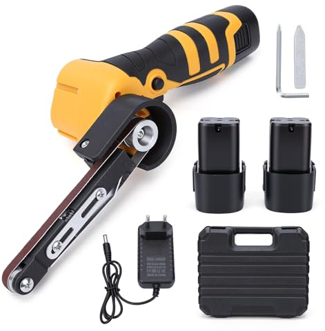 WODHMIEY 16,8 V Akku-Bandschleifer Kabelloser Bandschleifer Set, 7000 U/min, Schleifbänder 60 Körnung Leistungsstarker Motor für Holz Metall und gebogene Flächen 2 Stunden Laufzeit Schnellladung Gelb