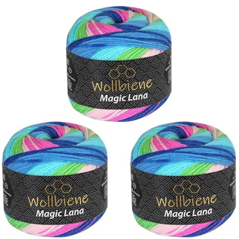 Wollbiene Magic Lana Farbverlaufsgarn 3 x 150gr 3x 420m – Bobbel Wolle mit langem Farbverlauf – 100% Polyacryl – Strickgarn & Häkelgarn für Tücher, Schals & Decken (4860 nordlichtzauber)