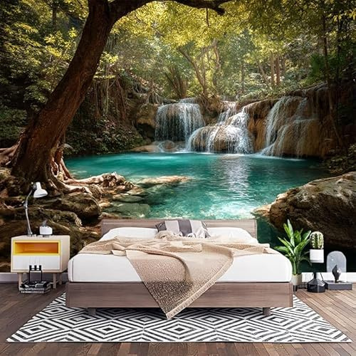 Papier Peint 3D Effet Panoramique Photo Muraux 250x175 cm, Poster Intissé Mural Paysages Naturels Geant Mural Salon Chambre D'enfants Restaurant Décoration Murale, Paysage de Cascade JungleièRe