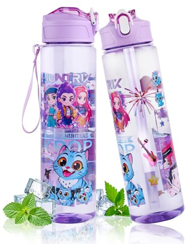 SupaWeiss 1PCS K-pops Water Bottle Kids Adults,750ML/25OZ Water Bottle with Straw,Girls Boys Water Bottles With Handle,Double-Sided Cartoon Pattern Plastic Drinks Bottle for School,Camping,Travel,Gym