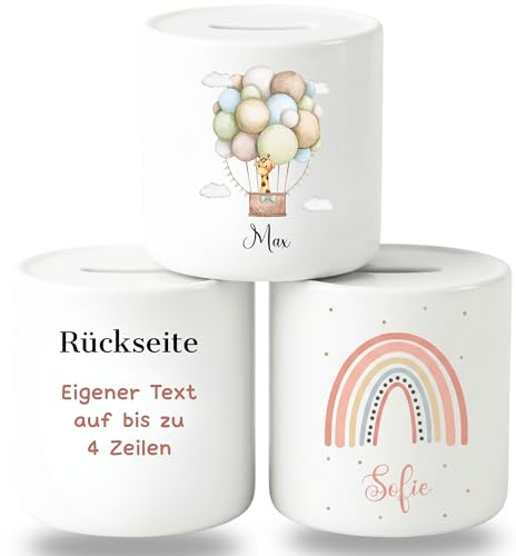 smartaini Personalisierte Spardose für Kinder mit Namen – Porzellan Kinderspardose personalisiert – Sparschwein Kinder Sparbüchse – Geschenk zur Geburt, Taufe oder Geburtstag (Heißluftballon)