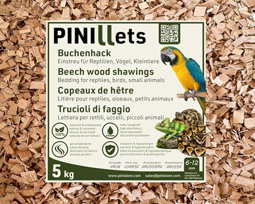 PINI Beech Wood Chips 20 L / 5 kg – dust-free, hygienic substrate for reptiles, birds, and small animals (terrariums, aviaries, enclosures); highly absorbent.