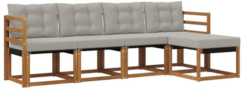 Yisssmeng Outdoor Gartenmöbel-Set 5-teilig, Lounge-Set mit Kissen aus massivem Akazienholz und Textilene, Modulares Sofa für Terrasse und Garten, Natur und Hellgrau, 245 x 122,5 x 73 cm
