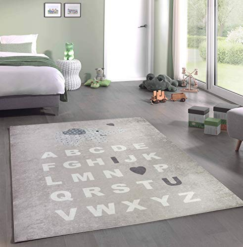 Merinos Kinderteppich ABC Lernteppich Alphabet Spielteppich mit Elefant in Rosa Größe 160x230 cm