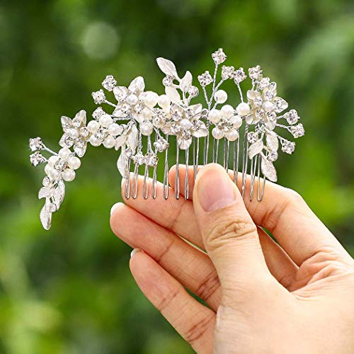 IYOU Brud bröllop hårkam silver blomma kristall hårdelar strass brud huvudbonader pärla brud hårtillbehör för kvinnor