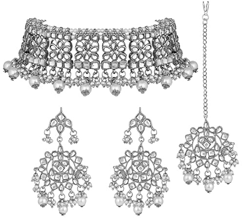 I Jewels Indian Gold Plated Traditional Kundan Choker Ethnic Bollywood Designer Jewelry Set with Earrings & Maang Tikka For Women (Silver)
