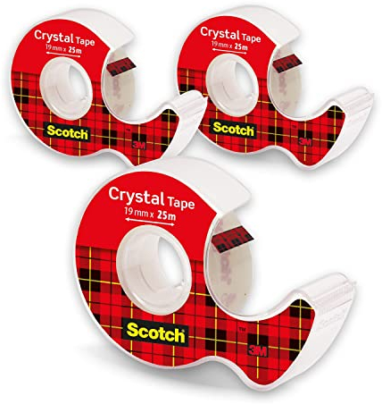 Scotch Crystal Tape Nastro Adesivo Trasparente, 3 Dispenser portatili con 3 rotoli, 19 mm × 25 m, Nastro Trasparente Multiuso Adatto per Casa, Ufficio e Scuola