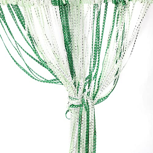 String Curtain Panel, Glitter Door Wall Window Doorways Panel Fly Screen Fringe Room Divider Blinds, Decorative Tassel Ribbon Strip Silver Screen for Living room, Party Event-Dark/Light Green White