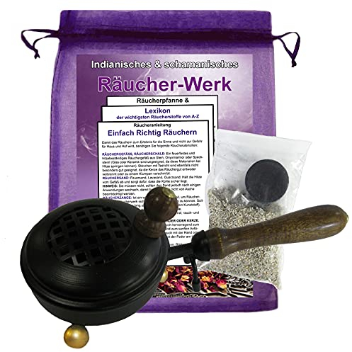 RÄUCHERPFANNE & WEIHRAUCHBRENNER 21cm mit Griff 7-TLG Set zum AUSRÄUCHERN für Räucherwerk. Räuchergefäß, Räucherschale, Räucherstövchen & Räucherstäbchenhalter in EINEM mit ZUBEHÖR. 3165G-0