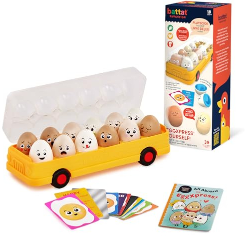 Battat Education BE3710Z Sortierspiel, Farben und Formen sortieren Spielzeug ab 18 Monaten – Eier mit verschiedenen Gesichtern im Bus, Bunt, Medium
