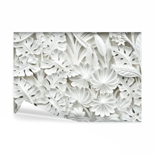 decomonkey Papier Peint Panoramique Feuilles 3d 450x315 cm Fleurs en pierre | Décoration murale, Tapisserie décorative pour chambre salon, motif blanc feuilles fond de texture romantique
