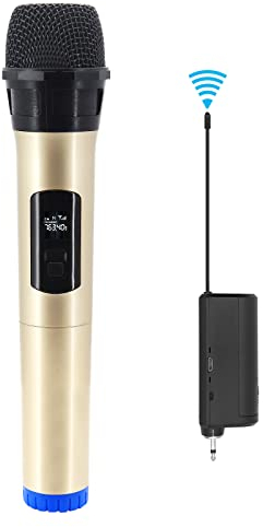 Hensych Drahtloses Handmikrofon UHF dynamisches Mikrofon mit tragbarem Mini-Empfänger mit LED-Display, unterstützt mehrere Audiosysteme, Lautsprecher, Verstärker, kabelloses Mikrofonsystem (Gold)