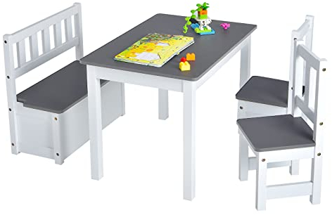 DREAMADE Kindertisch mit 2 Stühlen, Kindersitzgruppe mit 22L Strauraum, Kindertisch aus Holz, Kindertruhenbank Kindermöbelset Holzsitzgruppe für Kinderzimmer, Spielzimmer, Wohnzimmer (Grau)