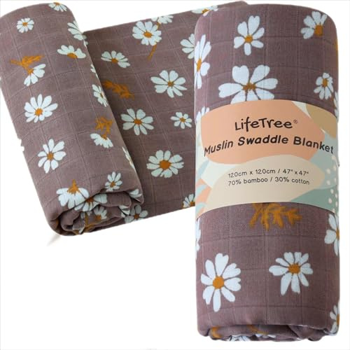 Lebze LifeTree Baby Pucktuch Musselin Tuch, Große 120x120cm Musselin Swaddle Decke Baby Bambus Baumwolle Swaddle Wrap für Junge und Mädchen Neugeborene, Gänseblümchen