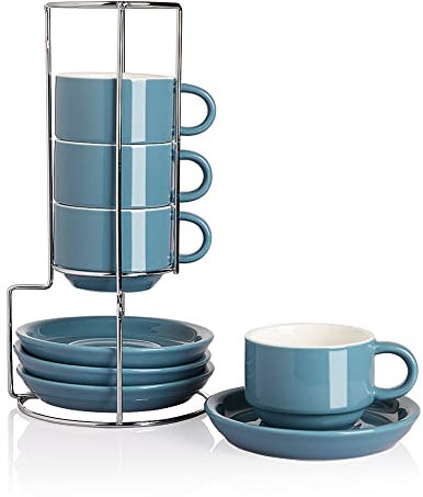 SWEEJAR Tazze da caffè in porcellana con piattino, 113,4 ml, impilabili per cappuccino con supporto in metallo, per bevande caffè, latte, tè, set di 4 (blu nebbia)