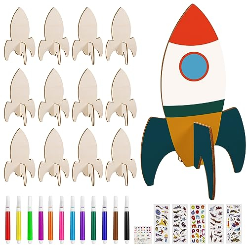 Heyu-Lotus 12 Stück Raketen Holz Bastelset, Bastelset Rakete zum Bemalen Form unvollendete Kinderspielzeug Bemalen DIY Holzbastelset für Kinder Mädchen Jungen