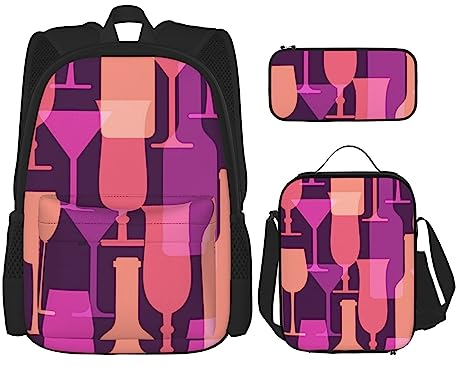 Lot de 3 sacs à dos à verres à cocktail personnalisés avec sac à déjeuner et trousse à crayons, Noir , Taille unique, Sacs à dos de jour