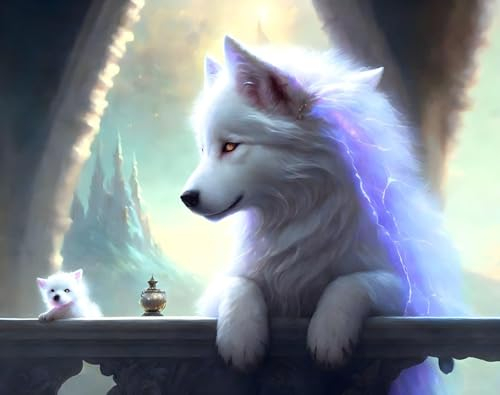 Immagine Su Tela Astratta Poster Simpatico fantasma fantasy di lupo bianco e cucciolo di lupo e calice di fuoco. per la decorazione della parete 60x90cm