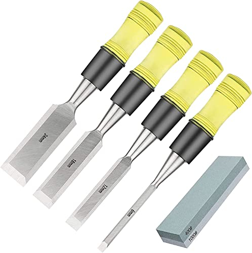 Ciseau à sculpter à la main Ensemble d'outils de ciseau à main professionnel en bois de 4 pièces Kit d'outils de ciseau avec lame en acier au manganèse et pierre à aiguiser pour la menuiserie (Ta