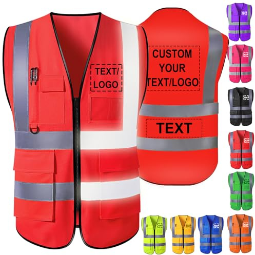 Akmxem Personalisierte Warnweste Aufdruck mit Text oder Logo und Mehreren Taschen Warnschutz Arbeitsweste Sicherheitsweste mit Bedruckbare
