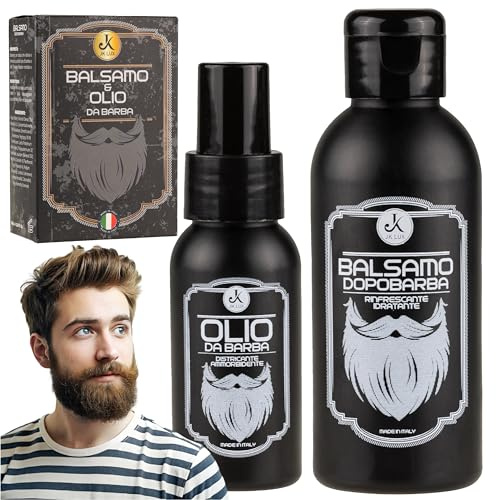 JK LUX Kit Barba Uomo con Olio 50ml e Balsamo 125ml - Made in Italy - Cura Barba Idratante, Nutriente e Profumata - Ammorbidisce e Calma il Prurito - Idea Regalo Uomo Barba