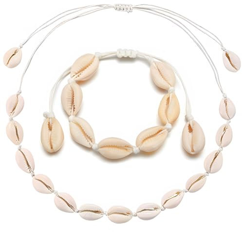 XBFOCNH 2 Stück Muschelkette Damen Muschelkette Armband Set, Damen Böhmische Perlenarmband Set Fußkettchen Muschel Dekoration Böhmische Damen Halskette Muschel