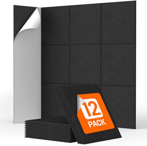 Quadratische Akustikplatten selbstklebend 12St., TONOR Schallabsorber Schallschutz mit Hochdichte Wandfliesen Schall Dämmung 30x30x0,9cm für Studio, Büro, Akustische Behandlung Wanddekoration Schwarz