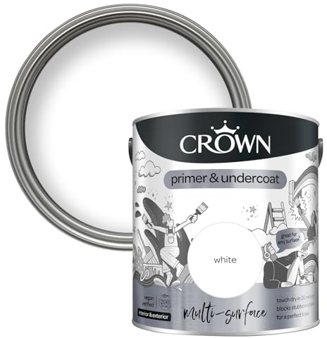 Crown MULTI SURFACE PRIMER & Undercoat, White - Interior & Exterior 2.5L | Use on chipboard, hardwood, MDF, plywood, plasterboard, uPVC, brick, stone, glass & ceramic tiles. Quick dry 30 mins, low VOC
