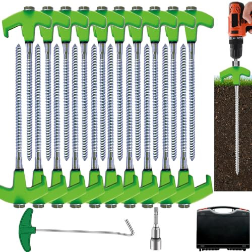 Heavy Duty Screw Tent Stakes, 20cm Bodenanker Schrauben, Metall Gewinde Zeltheringe, Zelt Peg Camping Pfähle mit Sechskantschlüssel und T-Haken und Aufbew (10, Greener)