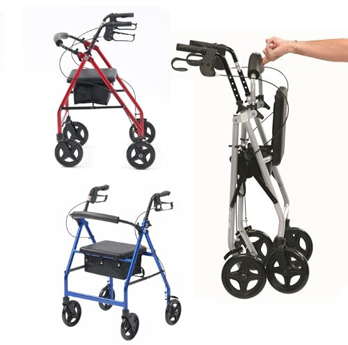 Ultra Lightweight Folding rollator Wheeled Walker Walking Frame with Brakes, seat and Bag - Only 5.8kg, 15cm Wheels (Red)