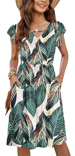 PLOKNRD Damen Sommerkleid Kurzarm V-Ausschnitt Blumenkleid Rüschen Ärmel Freizeitkleid Knielang mit Taschen