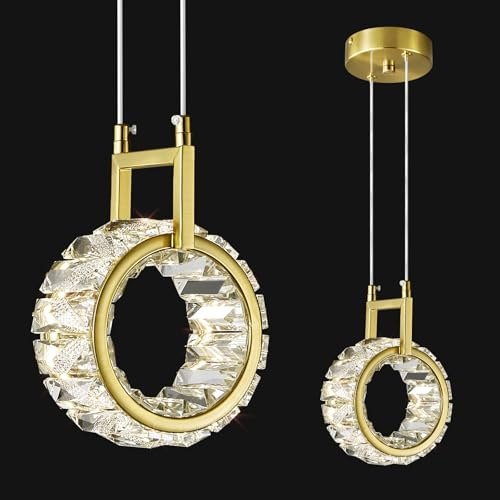 ZPBSJ Kücheninsel Mini Leuchte Moderne Led Kristall Hängeleuchte Gold Runde Kronleuchter 12W für Esszimmer Wohnzimmer Küche Schlafzimmer Bar(1-Licht)