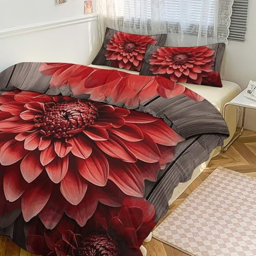 TKJMCSW Bettwäsche-Set mit roter Dahlie, Bettbezug-Set, Queen-Size-Bettdecken-Set, Bettdeckenbezug, 1 wendbare Bettdecke und 2 Kissenbezüge, 200,7 x 228,6 cm