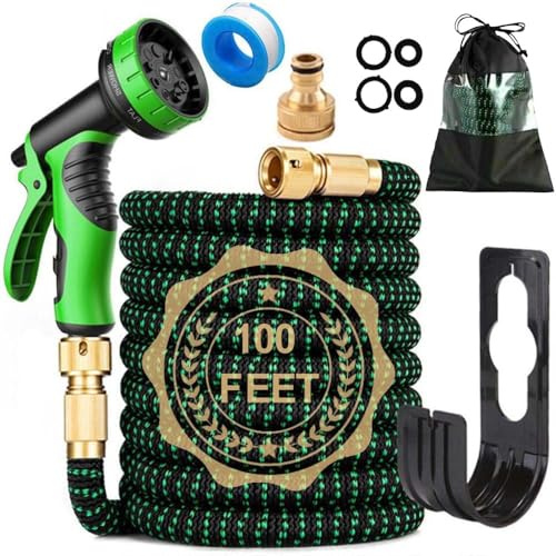 100FT Expandable Garden Hose Pipe, 10 Pattern Spray Nozzle Flexible Expanding Magic Watering Hose with 3/4 1/2 Fittings, Easy Storage