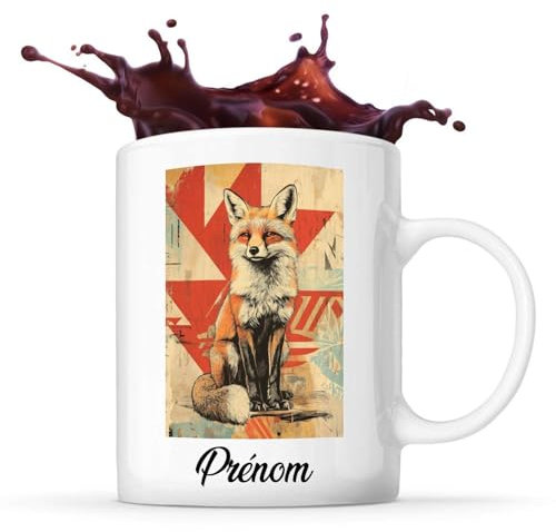 Planetee Tasse Renard Prénom Personnalisable Vintage Renard en Tampon Ancien avec Motifs Géométriques Abstraits, Moderne et Lumineux. | Mug Original Customisable