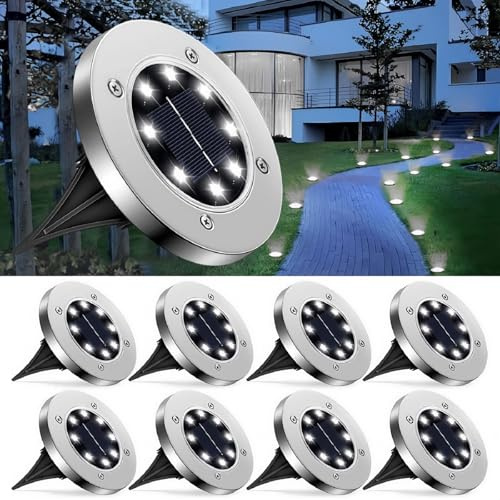 Kiuiom 8 LED Lumière Spot Étanches Solaires à Encastrer,LED Luminaire Solaire Au Sol,Lampe Solaire Au Sol pour Terrasse Allée Chemin Pelouse Cour Escaliers Passerelle,Blanc,Paquet de 8