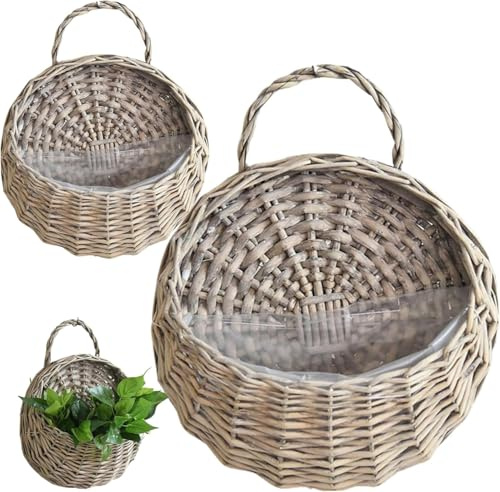 2 Stück Blumenampel Blumentopf Hängend aus Weide Hängetopf Wandkorb mit Griff Rattan Geflochten Hängende Pflanzkorb Hängeampel Wandblumentopf Hängeblumentöpfe Blumenkorb für Innen Außen (Grau, 30cm)