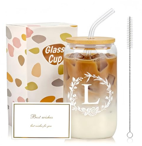 Dmnnlp A-Z Initial Personalised Gifts for Women, 16oz Iced Coffee Glass Cups with Lids, Straws, Brush & Card, Iced Coffee Birthday Gift Set for Women, Mum, Wife, Friends(L)