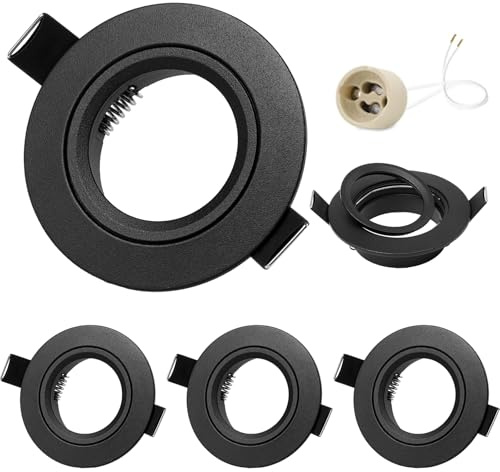 GeyouLux 4er Einbaustrahler GU10 Rahmen Schwarz, feststehend, Loch 68-75mm | Aluminium Einbaurahmen, Ø80mm rund flach, matt Schwarz, mit 230V GU10 Fassung, bis 50W, für innen, ohne Leuchtmittel