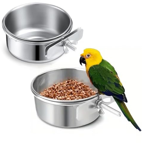 Parrot Feeding Dish Cups,Ompinda 2 Pcs Stainless Steel Pet Cage Hanging Food/Water Bowl with Non Spill Clamp for Parrot, Cockatiel, Conure, Budgies, Parakeet, Small Animal