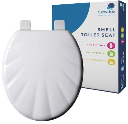 Croydex Shell Design Wooden Toilet Seat White, Stick 'n' Lock Hinges