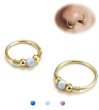 2 Stück 316L Chirurgenstahl 16/18G Opal Nasenpiercing Septum Nasenring | 14K Vergoldet Weißer Blauer Lila Conch Daith Helix Creolen Piercing Ring Schmuck für Frauen 8/10/12mm