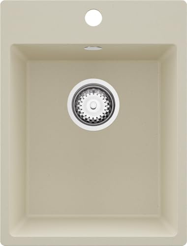 PRIMAGRAN Lavello da Cucina al Mobile 40cm + Kit di scarico, 38x50cm | Set: Kit di scarico (sifone, piletta, troppopieno) + Lavandino in Granito a 1 Vasca - Riga, Beige