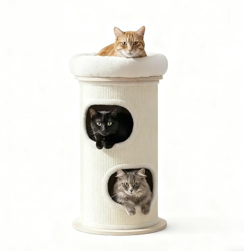 PetRhein Bamboo Tower L Kratztonne 89 cm – Kratzbaum | Bambus und Sisal mit zwei Kuschelhöhlen und Aussichtsplattform, Durchmesser 48 cm, Katzenturm für große Katzen, platzsparend