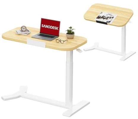SANODESK Standing Desk Adjustable Overbed Table Pneumatic Standing Desk with Locking Casters, Mobile Laptop Cart for Bed, Sofa, Hospital & Home Office (White Frame+Maple Top)