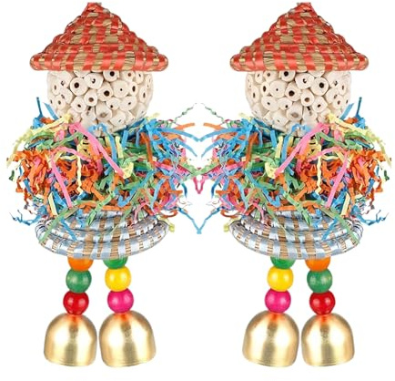 Juego De 2 Juguetes De Forrajeo Para Loros - Juguetes Colgantes Masticables Con Sombreros De Paja, Bolas De Médula Y Papel Triturado | Accesorios De Jaula Para Ninfas, Cotorras, Guacamayos Y Agapornis